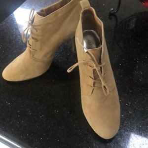 Women’s 9.5 sand colored suede booties lace up 3 1/2 inch heels never been worn